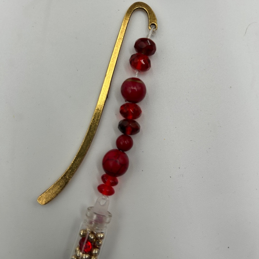 Elegant Gold and Red Beaded Bookmark with tiny bottle